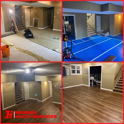 Carpet removal, subfloor installation, vinyl flooring installation